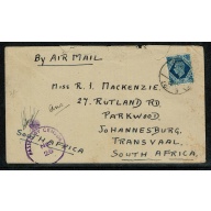 10d turquoise blue SG 474 on airmail to South Africa. Military Censor mark.