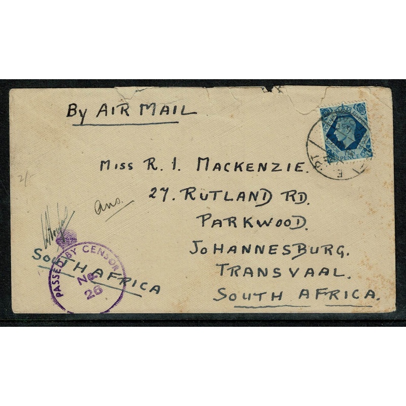 10d turquoise blue SG 474 on airmail to South Africa. Military Censor mark.