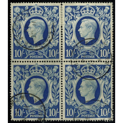1939 10/- Ultramarine. Used block. SG 478b
