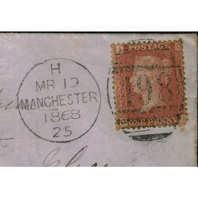 1d red letters in all four corners SG 43. 1868 envelope to Belfast. Manchester 498 duplex. 1d plate 92