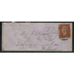 1d red letters in all four corners SG 43. 1868 envelope to Belfast. Manchester 498 duplex. 1d plate 92