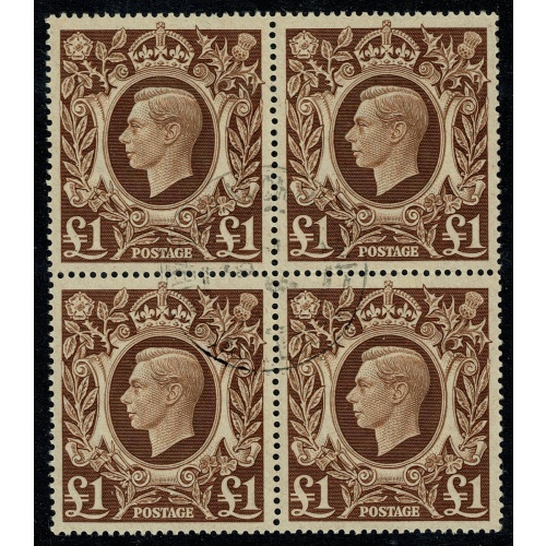 1948 £1 brown. Fine Used block  SG 478c