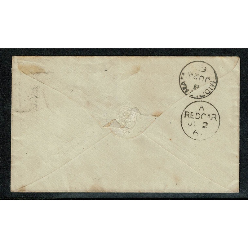 1d red letters in all four corners SG 43. 1867 envelope Bedale to Redcar. 1d plate 96