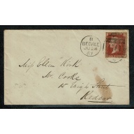 1d red letters in all four corners SG 43. 1867 envelope Bedale to Redcar. 1d plate 96