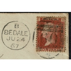 1d red letters in all four corners SG 43. 1867 envelope Bedale to Redcar. 1d plate 96