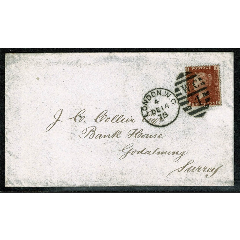 1d red letters in all four corners SG 43. 1878 envelope London to Godalming. 1d plate 199