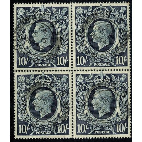 1939 10/- Dark Blue. Very Fine Used block. SG 478