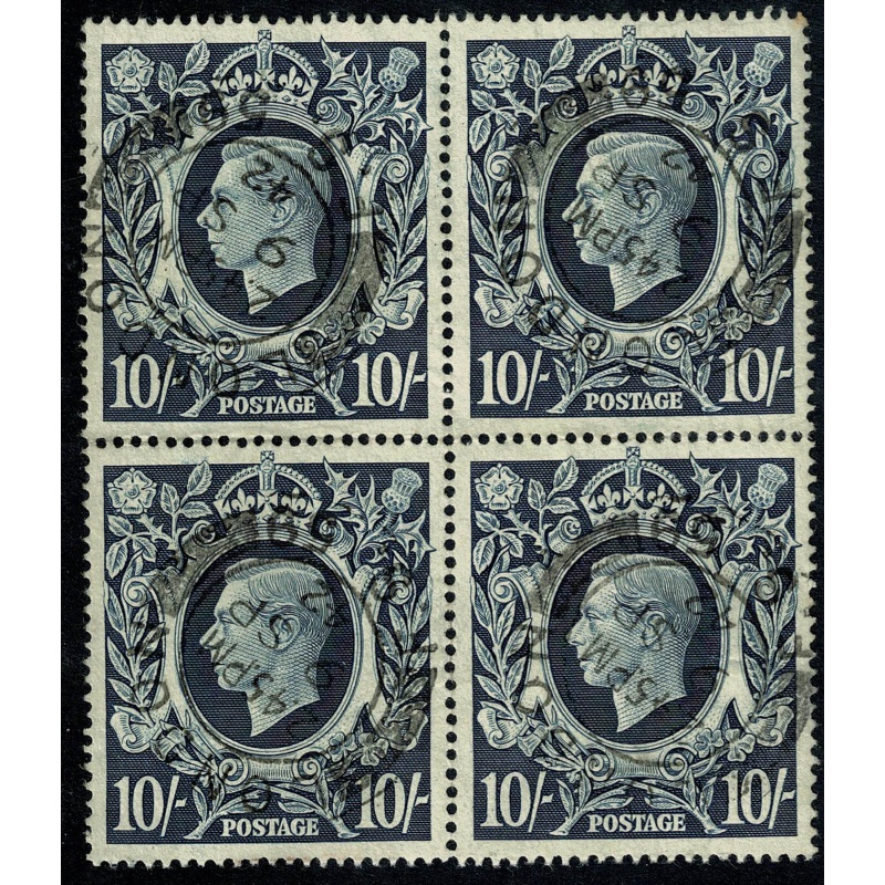 1939 10/- Dark Blue. Very Fine Used block. SG 478