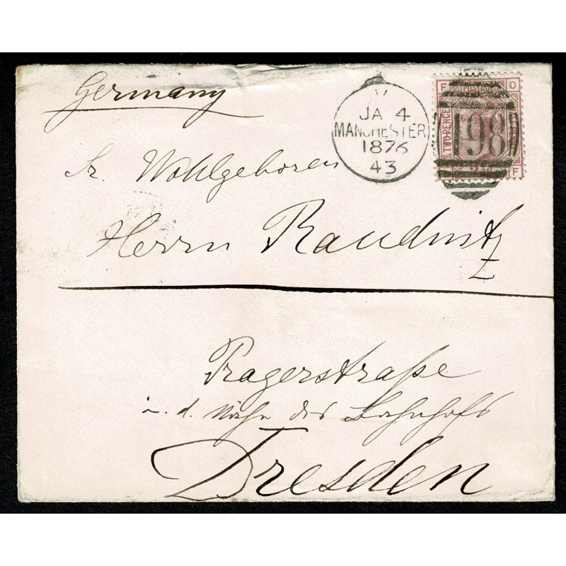 1875 2½d rosy mauve Plate 2 "DF". Manchester to Germany. SG 139