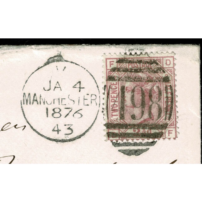 1875 2½d rosy mauve Plate 2 "DF". Manchester to Germany. SG 139