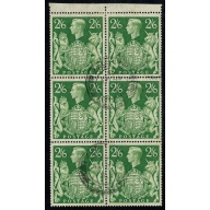 1942 "Arms" 2/6 yellow green. Marginal block. Fine Used. SG 476b