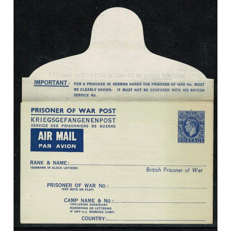 1941 Prisoner of War Air Mail Letter Sheet . 2½d blue. Flap at top. H & B APF3