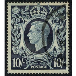 1939 10/- Dark Blue. Listed variety "blot on scroll" Fine Used single. SG 478ab