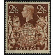 1948 "Arms" High value. 2/6 brown. Used single Variety "gashed crown" SG 476ac