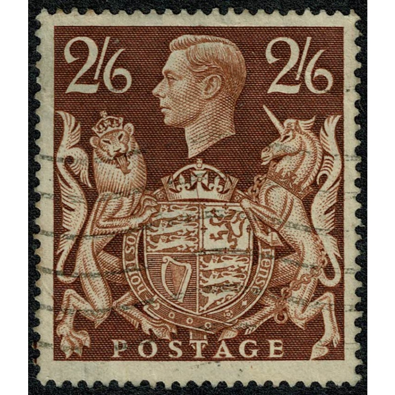 1948 "Arms" High value. 2/6 brown. Used single Variety "gashed crown" SG 476ac