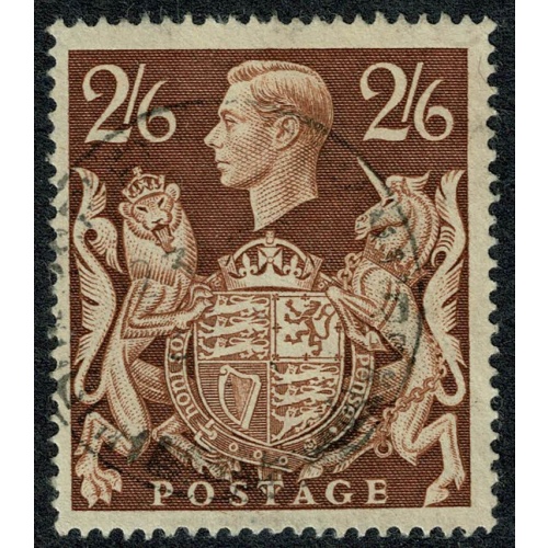 1939 "Arms" 2/6 brown. Fine Used single. Light indistinct CDS. SG 476