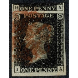 1d black "IA" Plate 6, Cancelled by red Maltese cross. 4 good to very large (upper) margins.