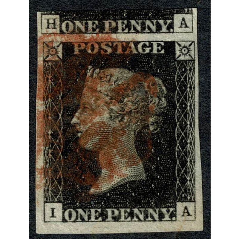 1d black "IA" Plate 6, Cancelled by red Maltese cross. 4 good to very large (upper) margins.