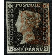 1d black "LG" Plate 1a, Cancelled by feint red Maltese cross, clear profile.