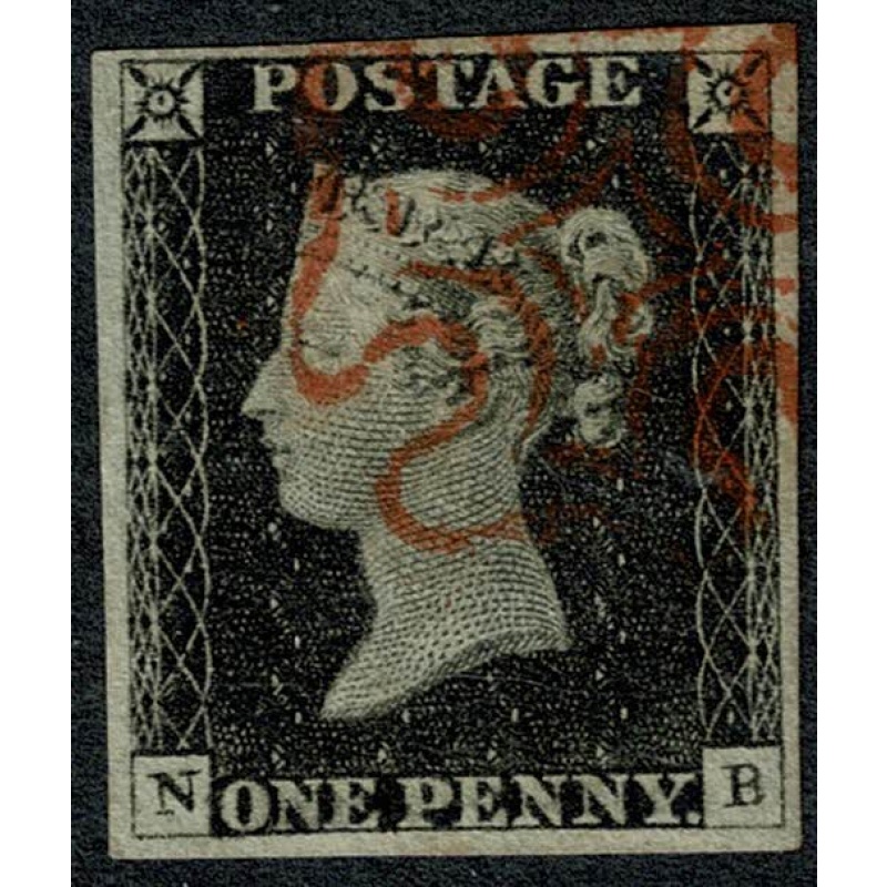 1d black "NB" Plate 2, Cancelled by red Maltese cross.