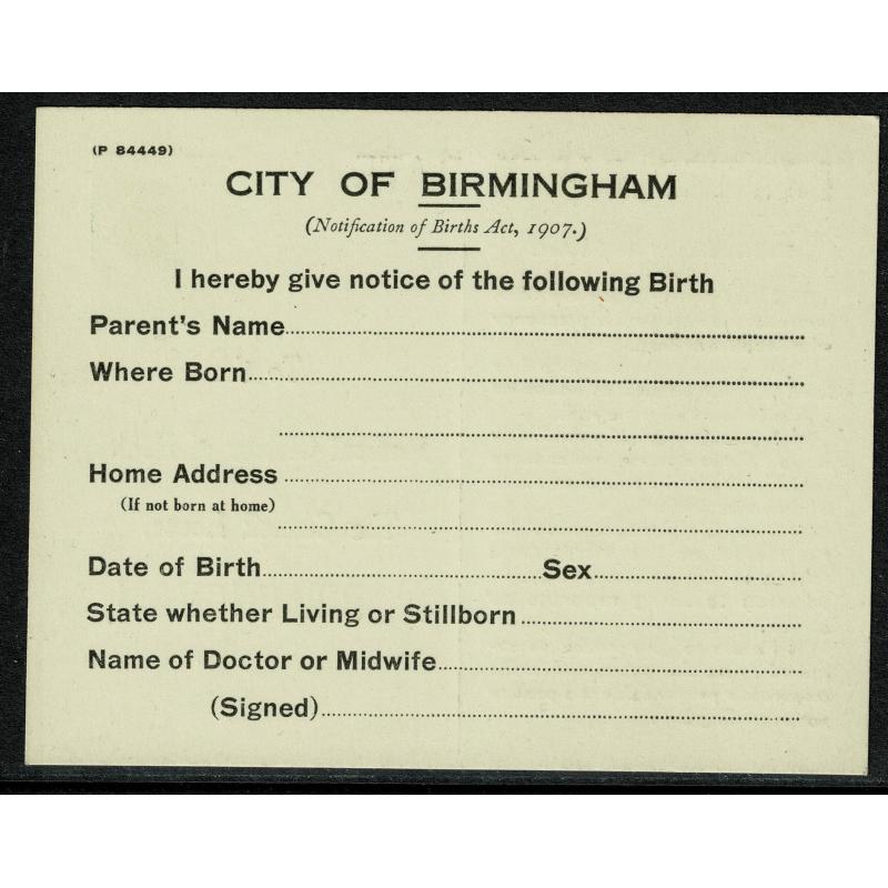 1920-26 STO Notification of Births, Medical Officer Birmingham. Rare.