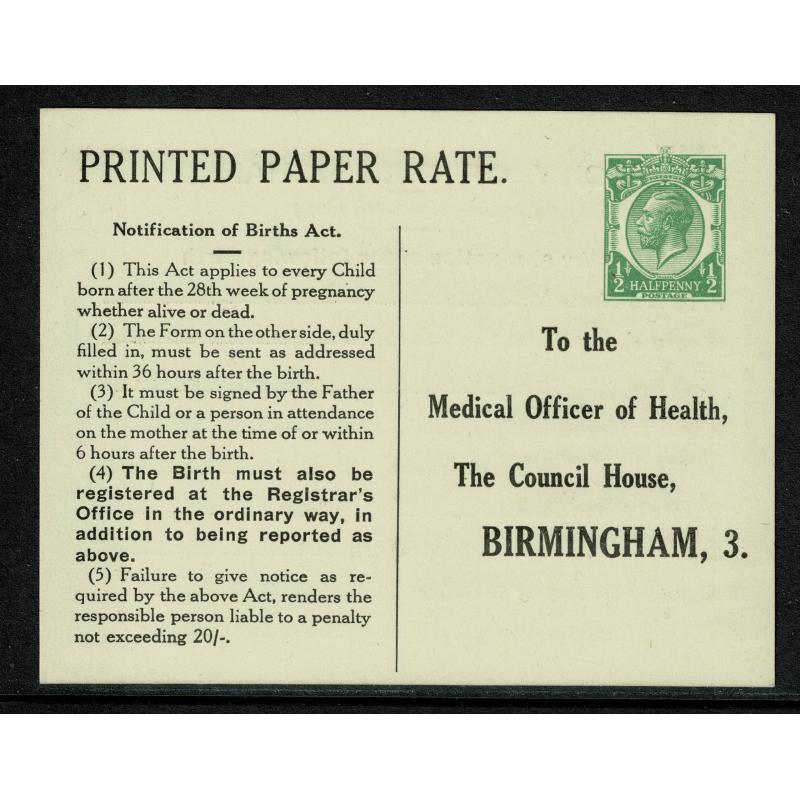 1920-26 STO Notification of Births, Medical Officer Birmingham. Rare.