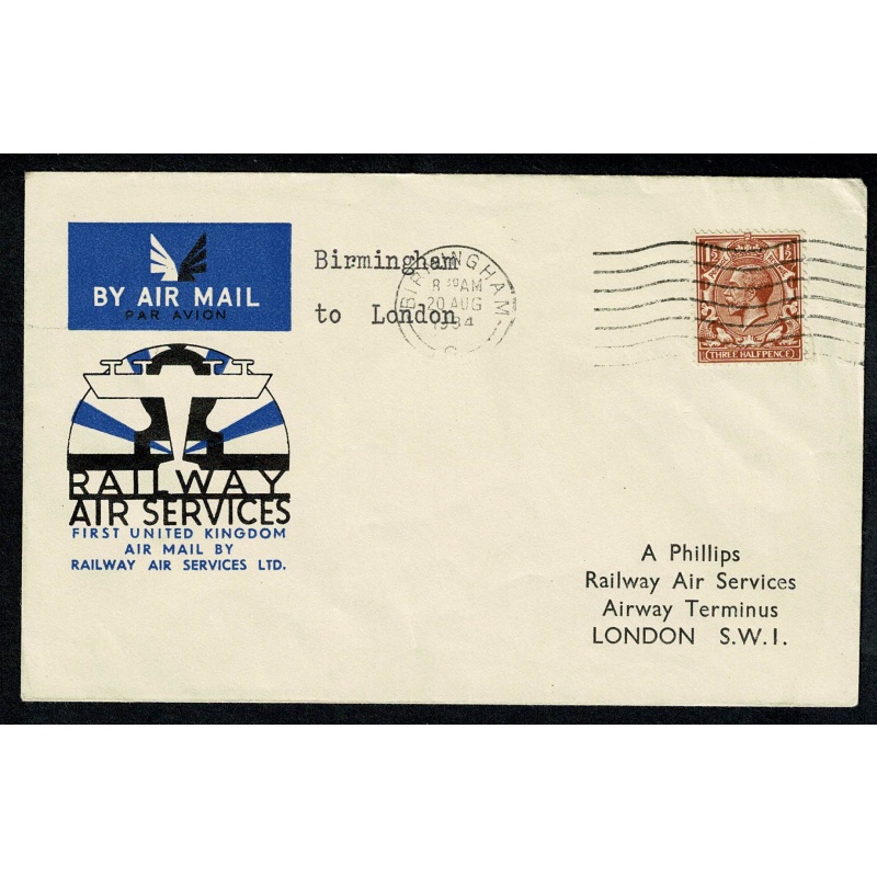 1934 Railway Air Services. Airmail First Flight Birmingham to London