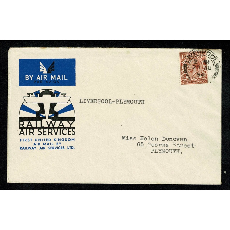 1934 Railway Air Services. Airmail First Flight Liverpool to Plymouth