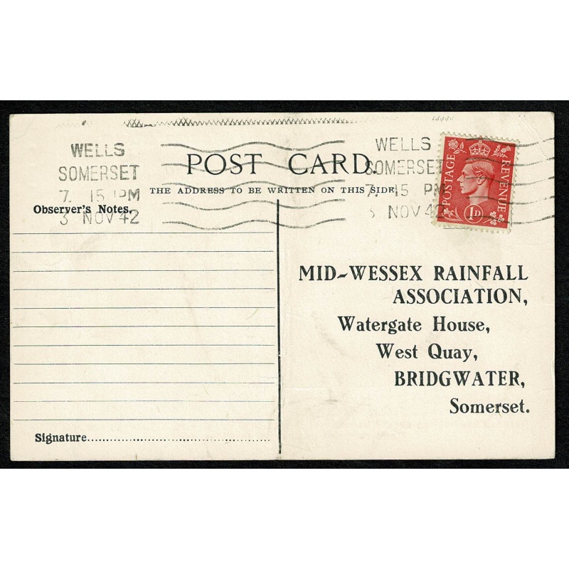 1942 Mid Wessesx Rainfall Association Record Card for 3rd November 1942. Wells cancel.