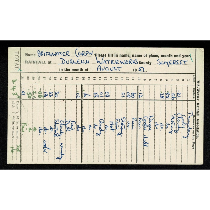 1951 Mid Wessesx Rainfall Association Record Card for 3rd September 1951. Bridgewater cancel.