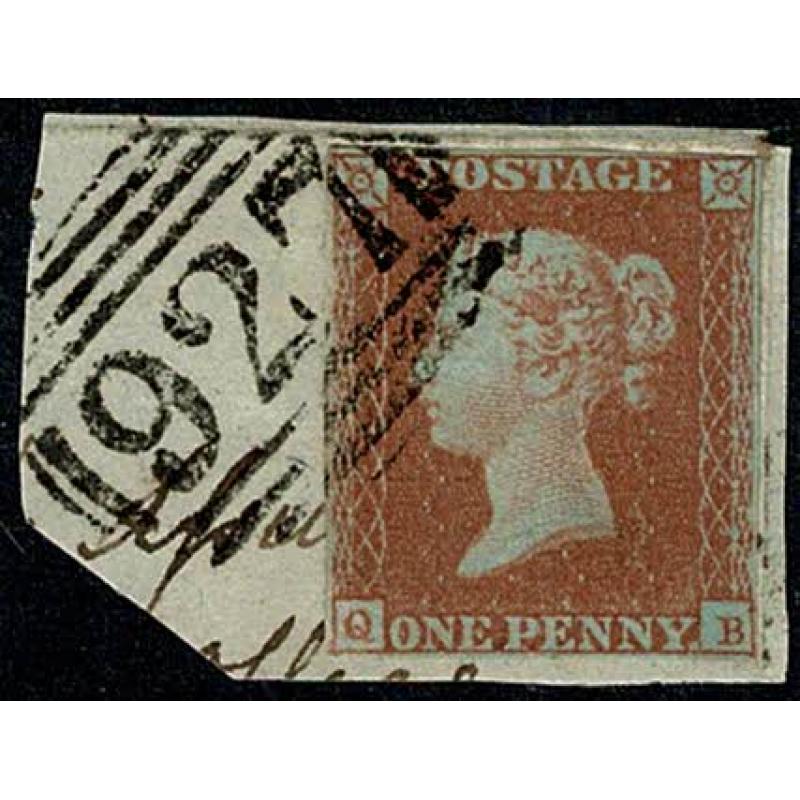 1d Red "QB". Fine used on piece, numeral cancellation. SG 8/12