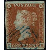 1d Red "TB" Plate 101 Blue 1844 type cancellation. SG 8-12