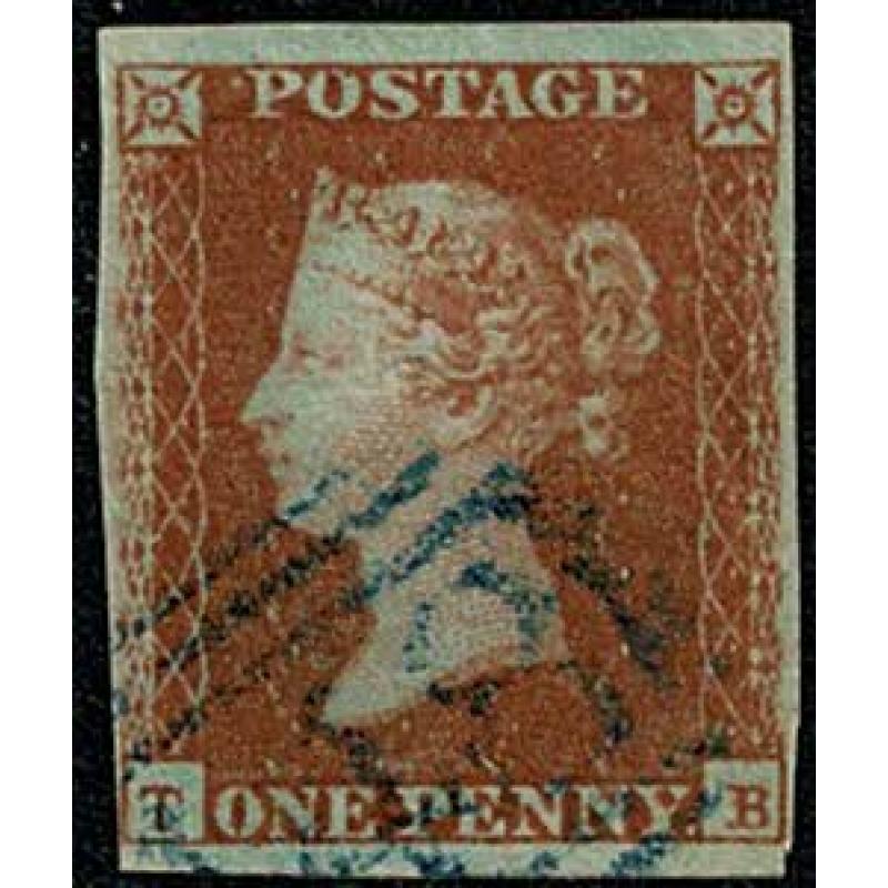 1d Red "TB" Plate 101 Blue 1844 type cancellation. SG 8-12