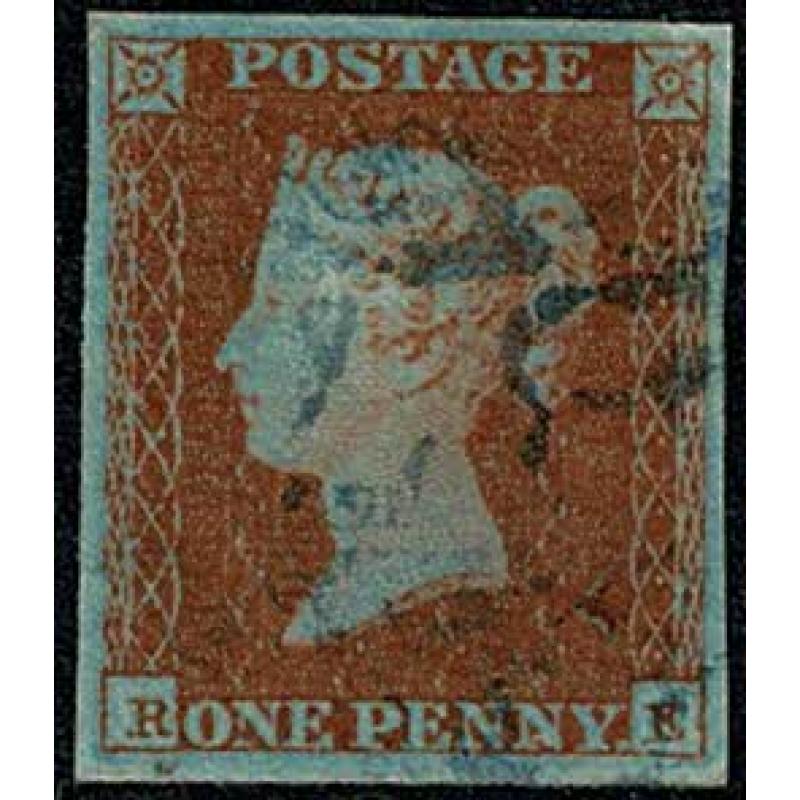 1d Red "RE" Plate 115. Blue London cancellation. SG 8-12