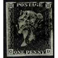 1d Black. Plate 1b "OD". Burr rub (NE of ONE nearly joined) . Black Maltese Cross cancellation.