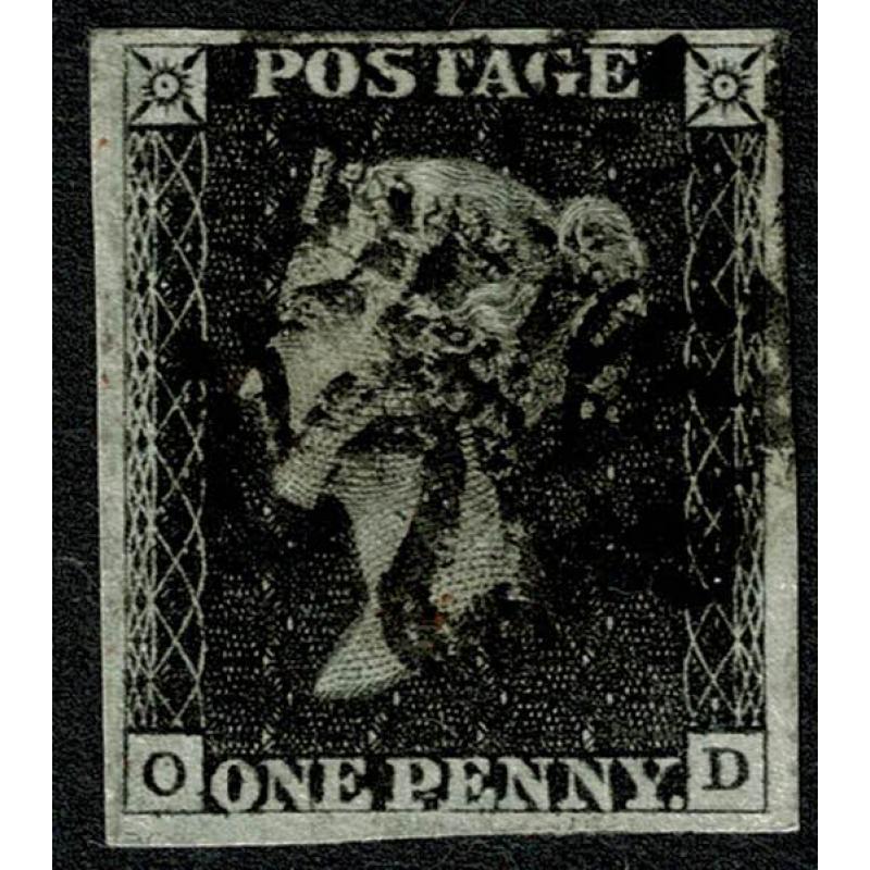 1d Black. Plate 1b "OD". Burr rub (NE of ONE nearly joined) . Black Maltese Cross cancellation.