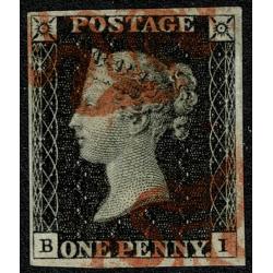 1d Black. Plate 1b "BI". Red Maltese Cross cancellation