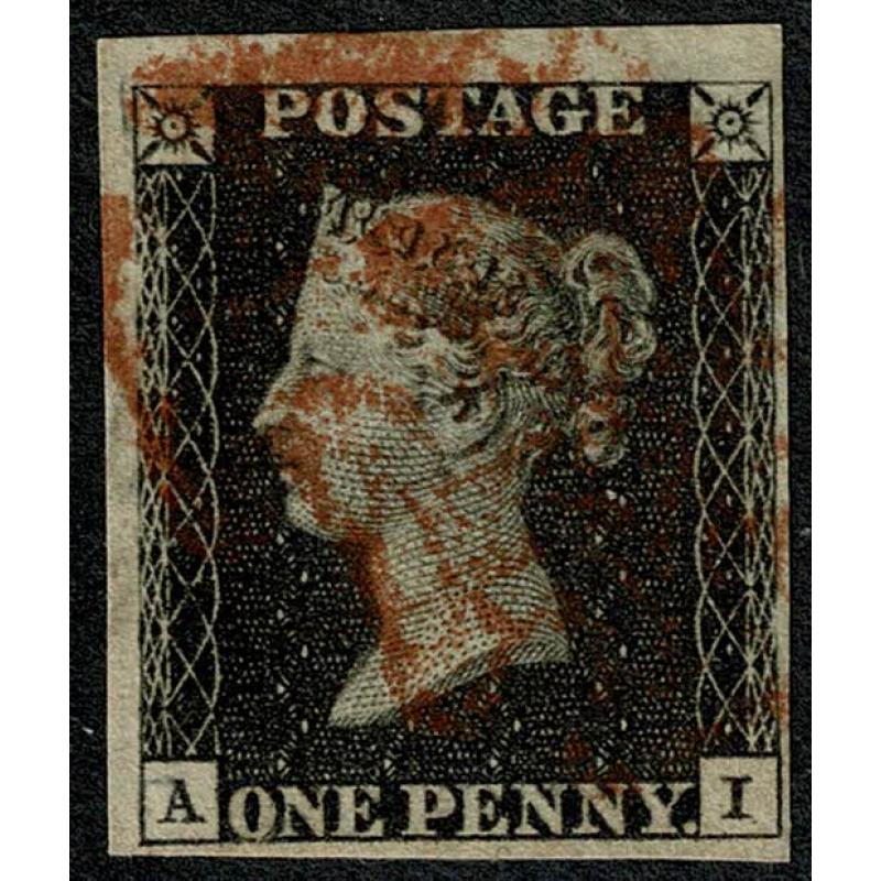 1d Black "AI" Plate 7. Red Maltese cross cancellation.